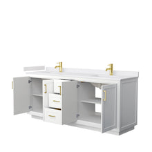 Load image into Gallery viewer, Wyndham Miranda 80 Inch Double Bathroom Vanity in White, White Cultured Marble Countertop, Undermount Square Sinks, Brushed Gold Trim- Wyndham