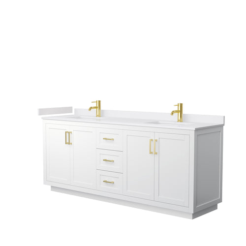 Wyndham Miranda 80 Inch Double Bathroom Vanity in White, White Cultured Marble Countertop, Undermount Square Sinks, Brushed Gold Trim- Wyndham