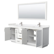 Load image into Gallery viewer, Wyndham Miranda 80 Inch Double Bathroom Vanity in White, Light-Vein Carrara Cultured Marble Countertop, Undermount Square Sinks, Brushed Nickel Trim, 70 Inch Mirror- Wyndham