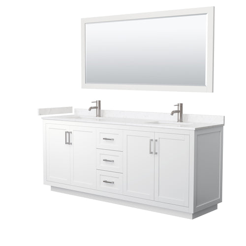 Wyndham Miranda 80 Inch Double Bathroom Vanity in White, Light-Vein Carrara Cultured Marble Countertop, Undermount Square Sinks, Brushed Nickel Trim, 70 Inch Mirror- Wyndham