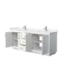 Load image into Gallery viewer, Wyndham Miranda 80 Inch Double Bathroom Vanity in White, Light-Vein Carrara Cultured Marble Countertop, Undermount Square Sinks, Brushed Nickel Trim- Wyndham