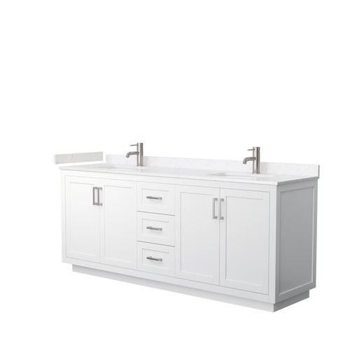 Wyndham Miranda 80 Inch Double Bathroom Vanity in White, Light-Vein Carrara Cultured Marble Countertop, Undermount Square Sinks, Brushed Nickel Trim- Wyndham