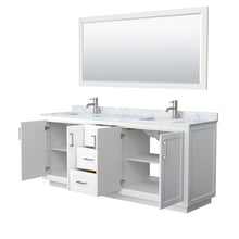 Load image into Gallery viewer, Wyndham Miranda 80 Inch Double Bathroom Vanity in White, White Carrara Marble Countertop, Undermount Square Sinks, Brushed Nickel Trim, 70 Inch Mirror- Wyndham