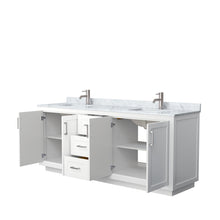 Load image into Gallery viewer, Wyndham Miranda 80 Inch Double Bathroom Vanity in White, White Carrara Marble Countertop, Undermount Square Sinks, Brushed Nickel Trim- Wyndham