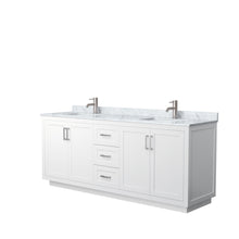 Load image into Gallery viewer, Wyndham Miranda 80 Inch Double Bathroom Vanity in White, White Carrara Marble Countertop, Undermount Square Sinks, Brushed Nickel Trim- Wyndham