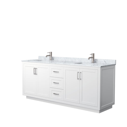 Wyndham Miranda 80 Inch Double Bathroom Vanity in White, White Carrara Marble Countertop, Undermount Square Sinks, Brushed Nickel Trim- Wyndham