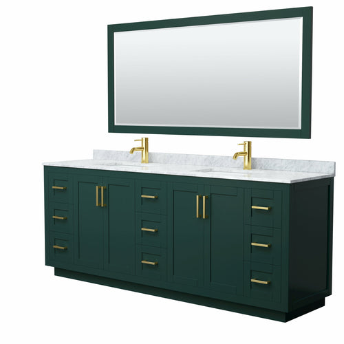 Wyndham Miranda 84 Inch Double Bathroom Vanity in Green, White Carrara Marble Countertop, Undermount Square Sinks, Brushed Gold Trim, 70 Inch Mirror- Wyndham