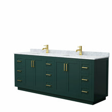 Load image into Gallery viewer, Wyndham Miranda 84 Inch Double Bathroom Vanity in Green, White Carrara Marble Countertop, Undermount Square Sinks, Brushed Gold Trim- Wyndham