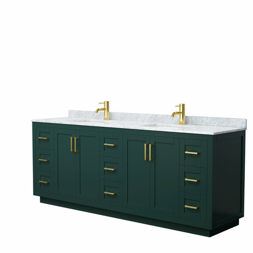 Wyndham Miranda 84 Inch Double Bathroom Vanity in Green, White Carrara Marble Countertop, Undermount Square Sinks, Brushed Gold Trim- Wyndham