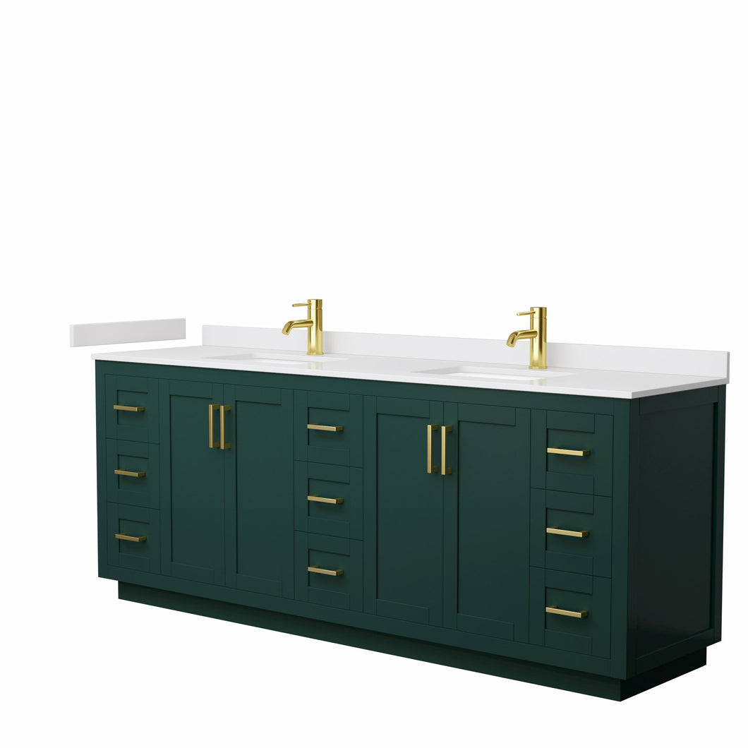 Wyndham Miranda 84 Inch Double Bathroom Vanity in Green, White Cultured Marble Countertop, Undermount Square Sinks, Brushed Gold Trim- Wyndham