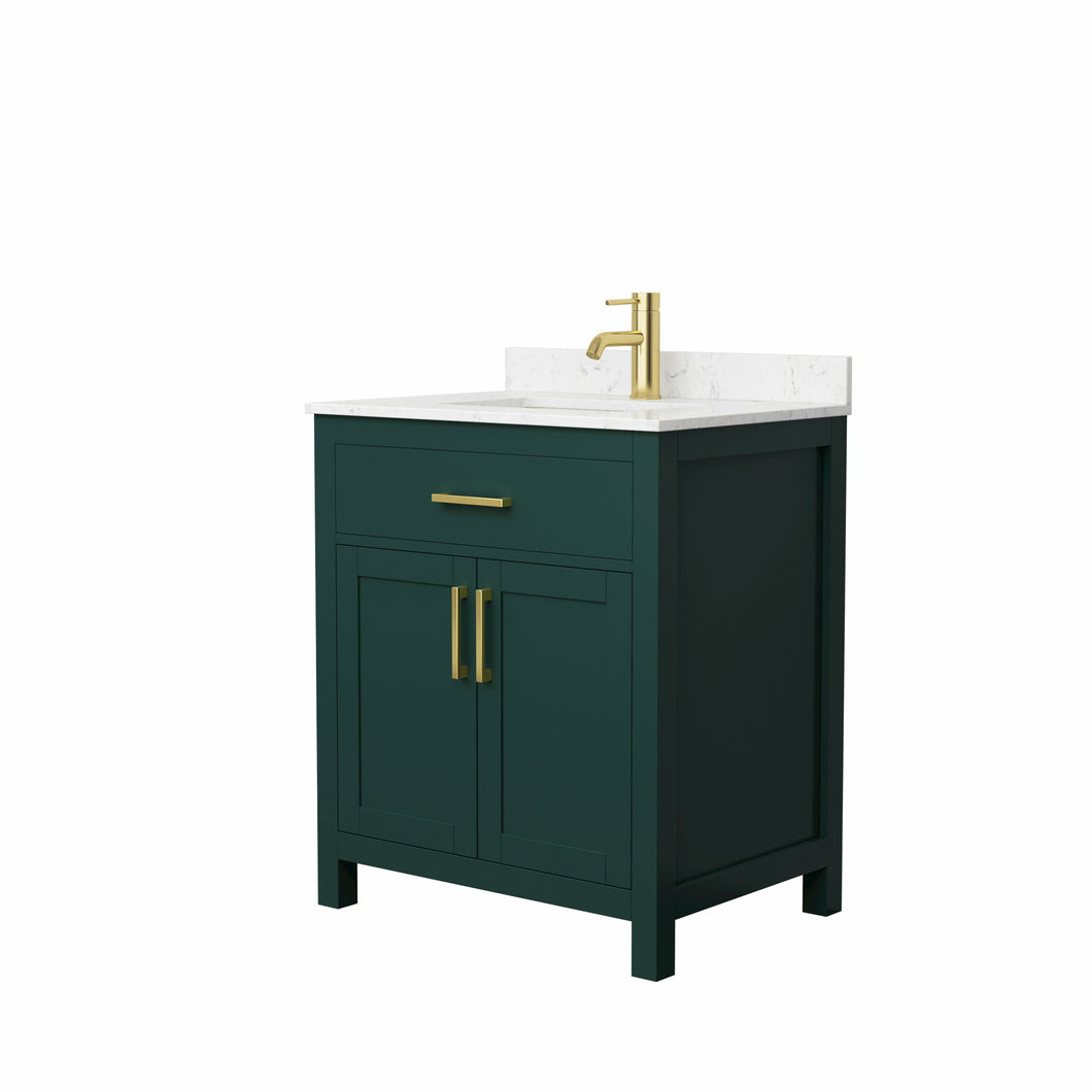 Wyndham Beckett 30 Inch Single Bathroom Vanity in Green, Carrara Cultured Marble Countertop, Undermount Square Sink, Brushed Gold Trim- Wyndham