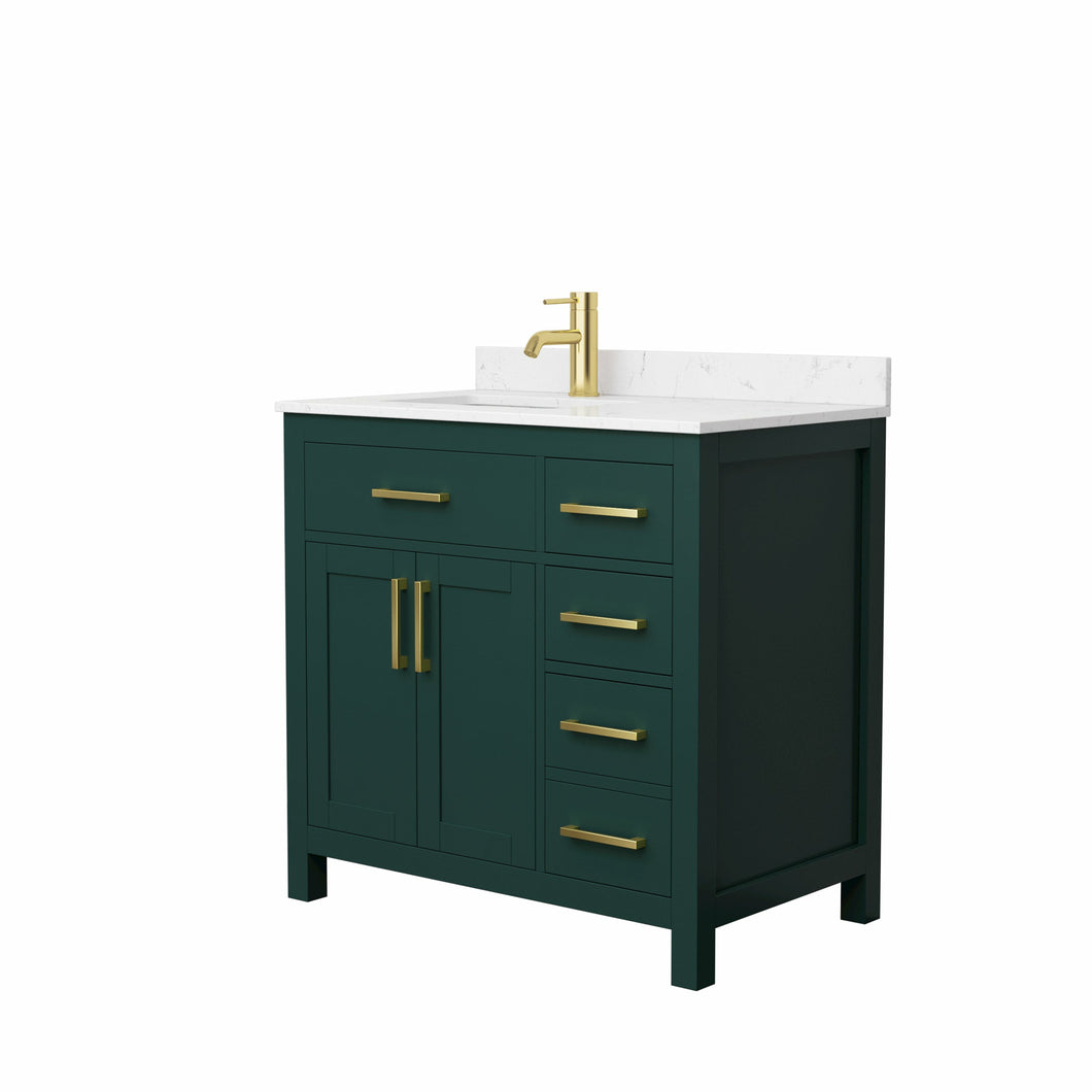 Wyndham Beckett 36 Inch Single Bathroom Vanity in Green, Carrara Cultured Marble Countertop, Undermount Square Sink, Brushed Gold Trim- Wyndham
