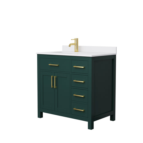 Wyndham Beckett 36 Inch Single Bathroom Vanity in Green, White Cultured Marble Countertop, Undermount Square Sink, Brushed Gold Trim- Wyndham