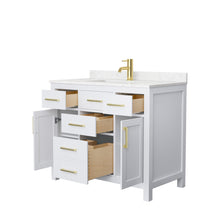 Load image into Gallery viewer, Wyndham Beckett 42 Inch Single Bathroom Vanity in White, Carrara Cultured Marble Countertop, Undermount Square Sink, Brushed Gold Trim- Wyndham