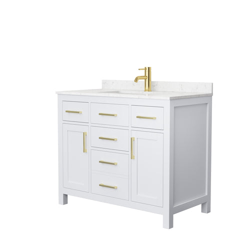 Wyndham Beckett 42 Inch Single Bathroom Vanity in White, Carrara Cultured Marble Countertop, Undermount Square Sink, Brushed Gold Trim- Wyndham