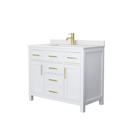 Wyndham Beckett 42 Inch Single Bathroom Vanity in White, White Cultured Marble Countertop, Undermount Square Sink, Brushed Gold Trim- Wyndham