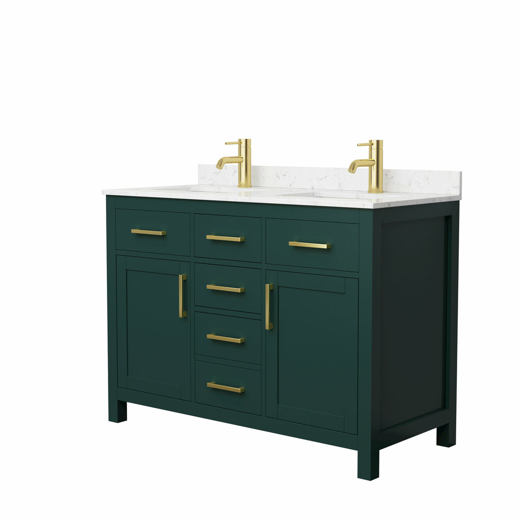 Wyndham Beckett 48 Inch Double Bathroom Vanity in Green, Carrara Cultured Marble Countertop, Undermount Square Sinks, Brushed Gold Trim- Wyndham