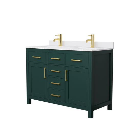 Wyndham Beckett 48 Inch Double Bathroom Vanity in Green, White Cultured Marble Countertop, Undermount Square Sinks, Brushed Gold Trim- Wyndham