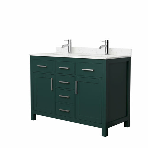 Wyndham Beckett 48 Inch Double Bathroom Vanity in Green, Carrara Cultured Marble Countertop, Undermount Square Sinks, Brushed Nickel Trim- Wyndham