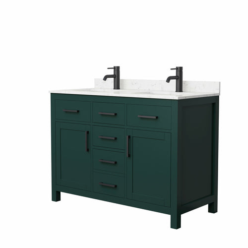 Wyndham Beckett 48 Inch Double Bathroom Vanity in Green, Carrara Cultured Marble Countertop, Undermount Square Sinks, Matte Black Trim- Wyndham