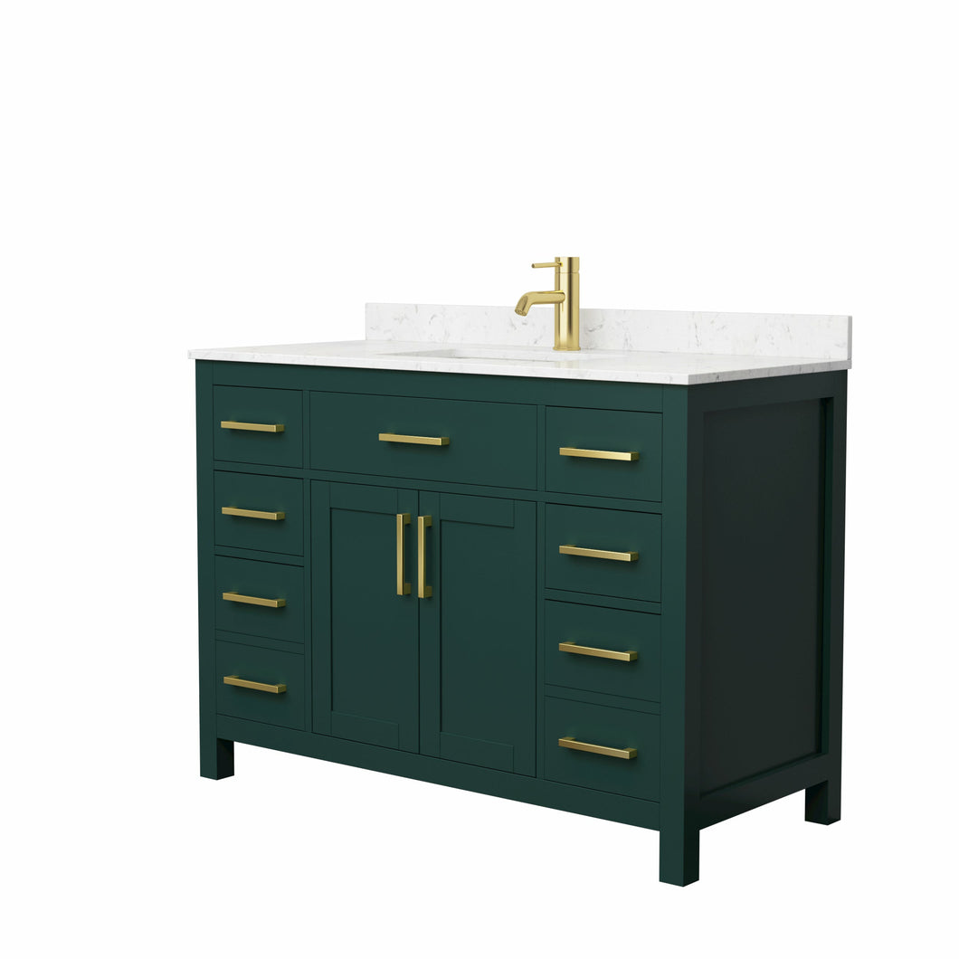 Wyndham Beckett 48 Inch Single Bathroom Vanity in Green, Carrara Cultured Marble Countertop, Undermount Square Sink, Brushed Gold Trim- Wyndham