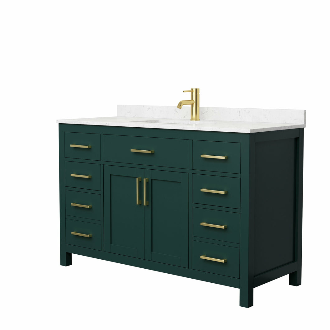 Wyndham Beckett 54 Inch Single Bathroom Vanity in Green, Carrara Cultured Marble Countertop, Undermount Square Sink, Brushed Gold Trim- Wyndham