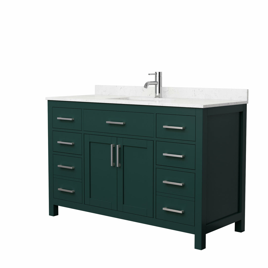 Wyndham Beckett 54 Inch Single Bathroom Vanity in Green, Carrara Cultured Marble Countertop, Undermount Square Sink, Brushed Nickel Trim- Wyndham