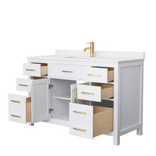 Load image into Gallery viewer, Wyndham Beckett 54 Inch Single Bathroom Vanity in White, Carrara Cultured Marble Countertop, Undermount Square Sink, Brushed Gold Trim- Wyndham