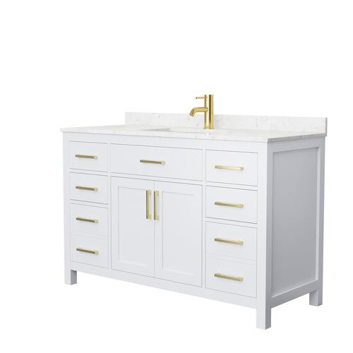 Wyndham Beckett 54 Inch Single Bathroom Vanity in White, Carrara Cultured Marble Countertop, Undermount Square Sink, Brushed Gold Trim- Wyndham