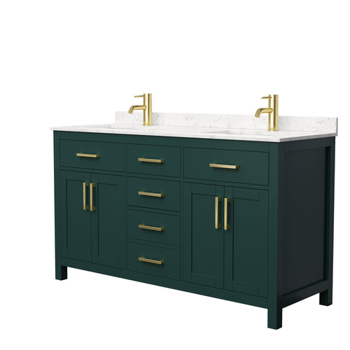 Wyndham Beckett 60 Inch Double Bathroom Vanity in Green, Carrara Cultured Marble Countertop, Undermount Square Sinks, Brushed Gold Trim- Wyndham