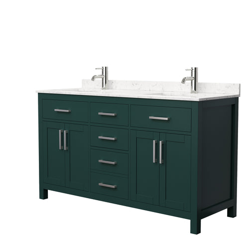 Wyndham Beckett 60 Inch Double Bathroom Vanity in Green, Carrara Cultured Marble Countertop, Undermount Square Sinks, Brushed Nickel Trim- Wyndham