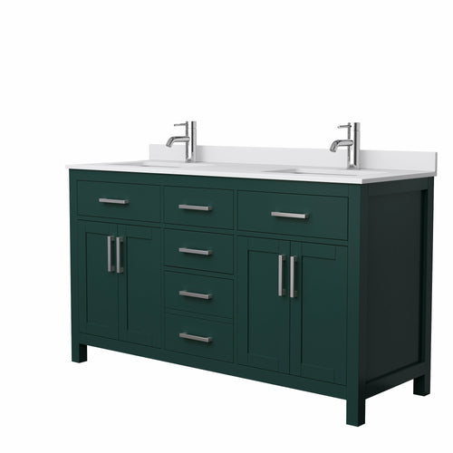 Wyndham Beckett 60 Inch Double Bathroom Vanity in Green, White Cultured Marble Countertop, Undermount Square Sinks, Brushed Nickel Trim- Wyndham