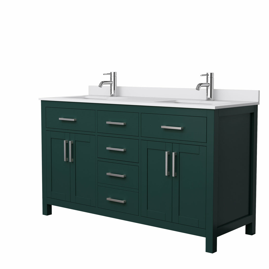 Wyndham Beckett 60 Inch Double Bathroom Vanity in Green, White Cultured Marble Countertop, Undermount Square Sinks, Brushed Nickel Trim- Wyndham