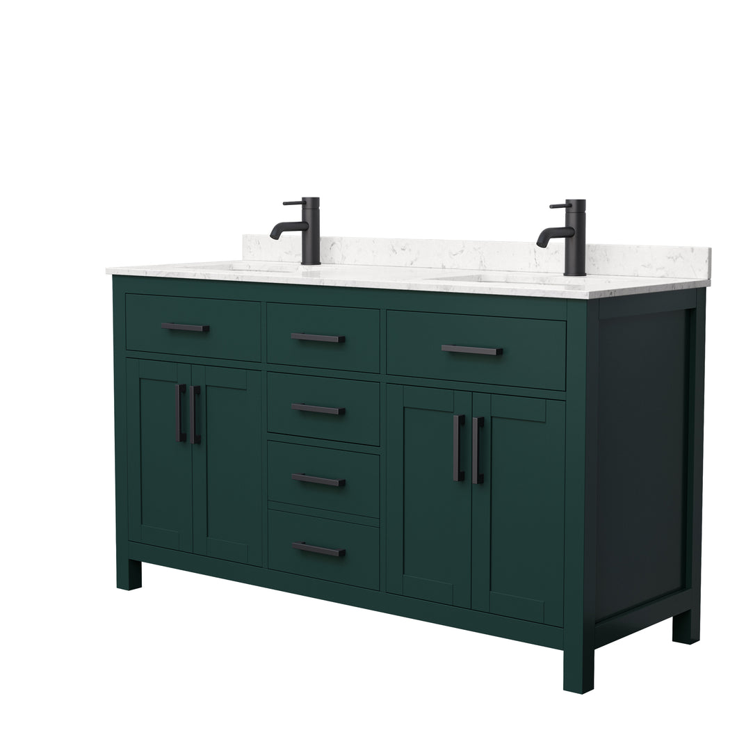 Wyndham Beckett 60 Inch Double Bathroom Vanity in Green, Carrara Cultured Marble Countertop, Undermount Square Sinks, Matte Black Trim- Wyndham