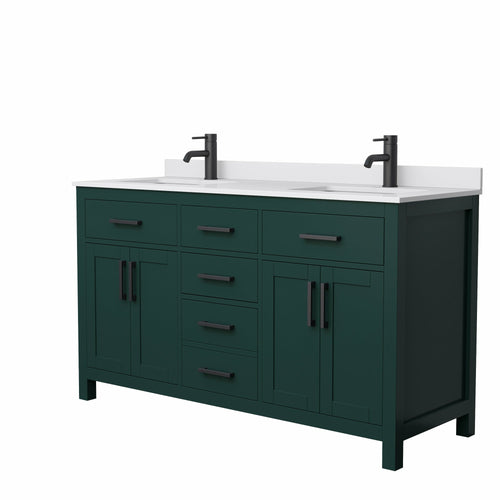 Wyndham Beckett 60 Inch Double Bathroom Vanity in Green, White Cultured Marble Countertop, Undermount Square Sinks, Matte Black Trim- Wyndham