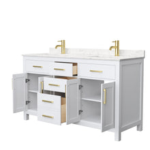 Load image into Gallery viewer, Wyndham Beckett 60 Inch Double Bathroom Vanity in White, Carrara Cultured Marble Countertop, Undermount Square Sinks, Brushed Gold Trim- Wyndham