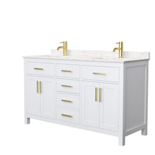 Load image into Gallery viewer, Wyndham Beckett 60 Inch Double Bathroom Vanity in White, Carrara Cultured Marble Countertop, Undermount Square Sinks, Brushed Gold Trim- Wyndham