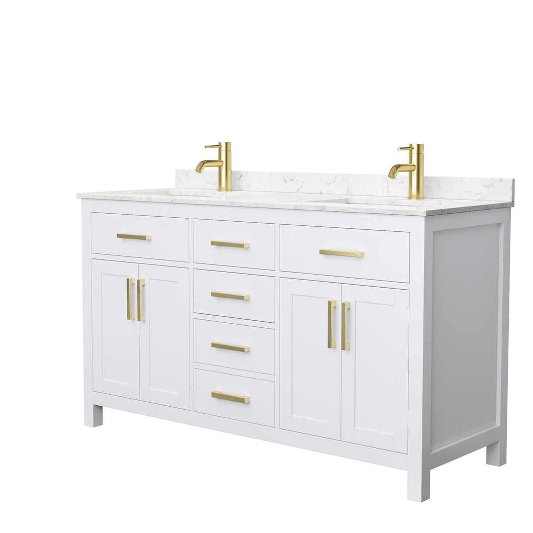 Wyndham Beckett 60 Inch Double Bathroom Vanity in White, Carrara Cultured Marble Countertop, Undermount Square Sinks, Brushed Gold Trim- Wyndham