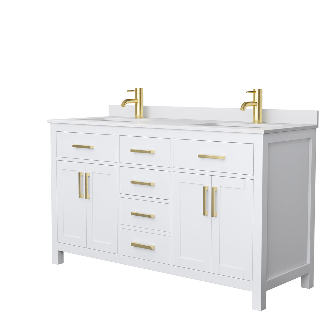 Wyndham Beckett 60 Inch Double Bathroom Vanity in White, White Cultured Marble Countertop, Undermount Square Sinks, Brushed Gold Trim- Wyndham