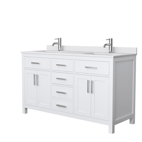 Wyndham Beckett 60 Inch Double Bathroom Vanity in White, White Cultured Marble Countertop, Undermount Square Sinks, No Mirror- Wyndham