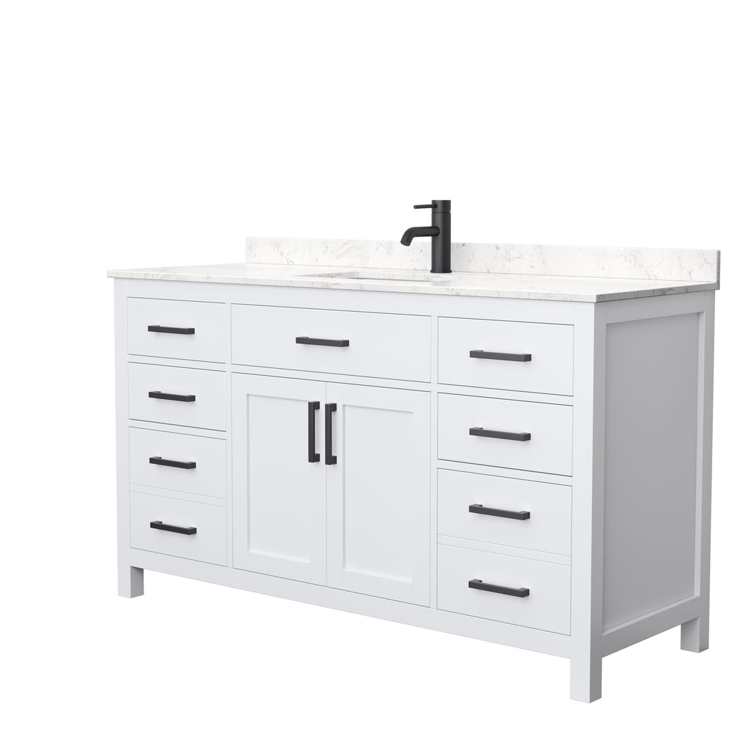 Wyndham Beckett 60 Inch Single Bathroom Vanity in White, Carrara Cultured Marble Countertop, Undermount Square Sink, Matte Black Trim- Wyndham