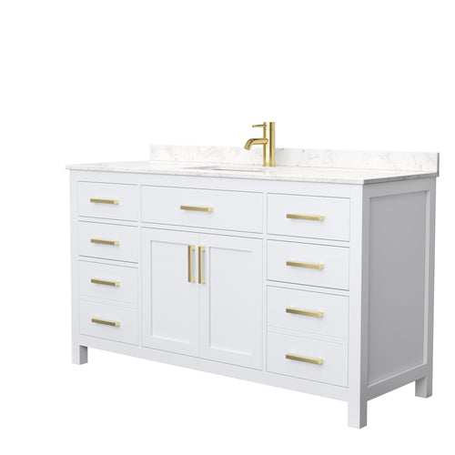 Wyndham Beckett 60 Inch Single Bathroom Vanity in White, Carrara Cultured Marble Countertop, Undermount Square Sink, Brushed Gold Trim- Wyndham