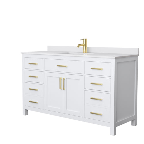 Wyndham Beckett 60 Inch Single Bathroom Vanity in White, White Cultured Marble Countertop, Undermount Square Sink, Brushed Gold Trim- Wyndham