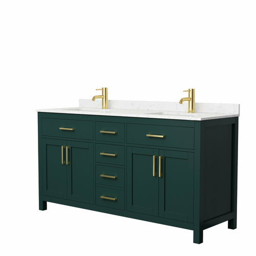 Wyndham Beckett 66 Inch Double Bathroom Vanity in Green, Carrara Cultured Marble Countertop, Undermount Square Sinks, Brushed Gold Trim- Wyndham
