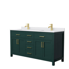 Load image into Gallery viewer, Wyndham Beckett 66 Inch Double Bathroom Vanity in Green, White Cultured Marble Countertop, Undermount Square Sinks, Brushed Gold Trim- Wyndham