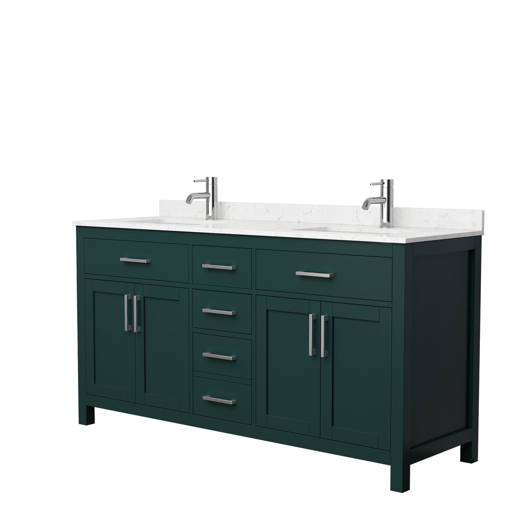 Wyndham Beckett 66 Inch Double Bathroom Vanity in Green, Carrara Cultured Marble Countertop, Undermount Square Sinks, Brushed Nickel Trim- Wyndham