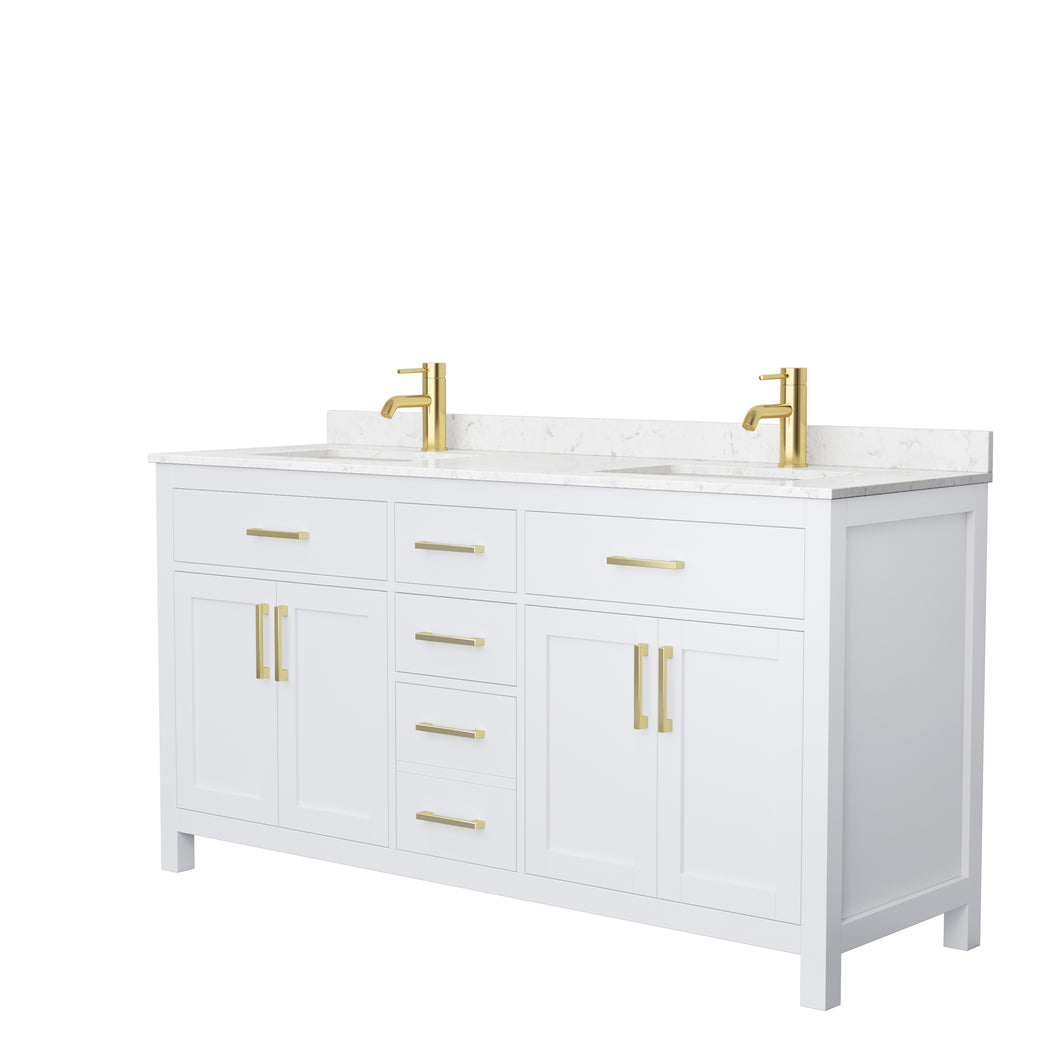 Wyndham Beckett 66 Inch Double Bathroom Vanity in White, Carrara Cultured Marble Countertop, Undermount Square Sinks, Brushed Gold Trim- Wyndham