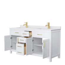 Load image into Gallery viewer, Wyndham Beckett 66 Inch Double Bathroom Vanity in White, White Cultured Marble Countertop, Undermount Square Sinks, Brushed Gold Trim- Wyndham