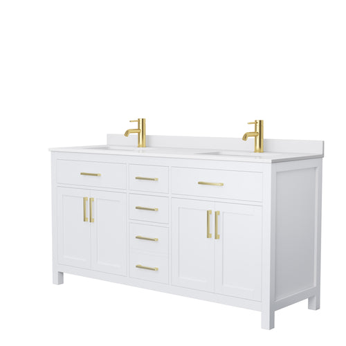 Wyndham Beckett 66 Inch Double Bathroom Vanity in White, White Cultured Marble Countertop, Undermount Square Sinks, Brushed Gold Trim- Wyndham