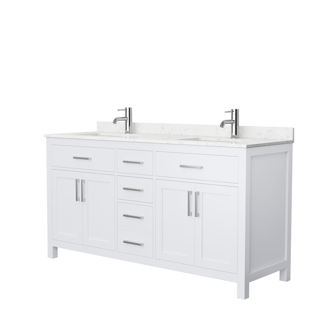 Wyndham Beckett 66 Inch Double Bathroom Vanity in White, Carrara Cultured Marble Countertop, Undermount Square Sinks, No Mirror- Wyndham